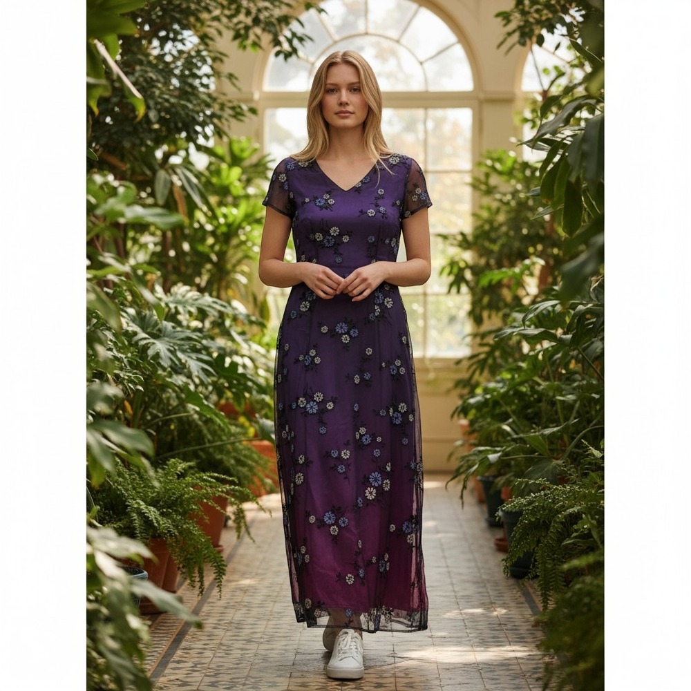 Vtg Virgo Petite Dress 8P Gradient Purple Midi Black Netting Floral Embroidery